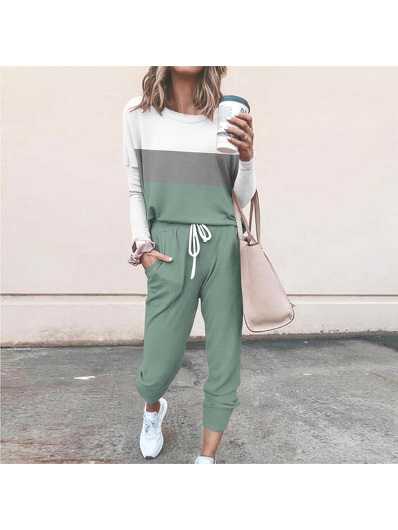 Womens Pajamas Winter 2 Piece Sets for Women Round Neck Long Sleeve Top Pants Color Blocking Home Sports Casual Yoga Suit Mint Green 4X
