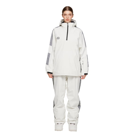 Hueook Ski Pants Women Waterproof Women Winter Windproof Waterproof Keep Warm Skiing Jacket Clothing Trousers Long Sleeve Hooded Set White L