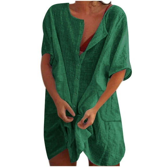 Hueook Slimming Dress Women's Fashion Casual Solid Color Pocket Button Short Sleeve Round-Neck Dress Green S