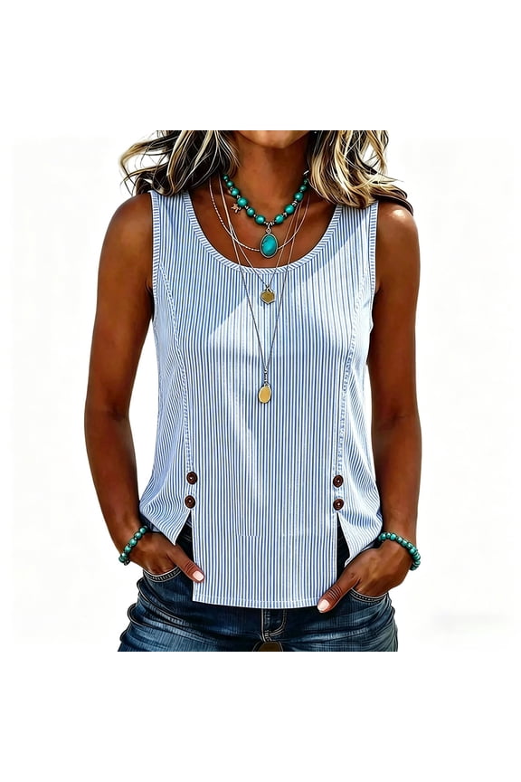 Split Tank Tops Woman Built In Bra Ladies' Casual Loose Fashionable Striped Sleeveless Round-neck Pullover Top Blue 3X