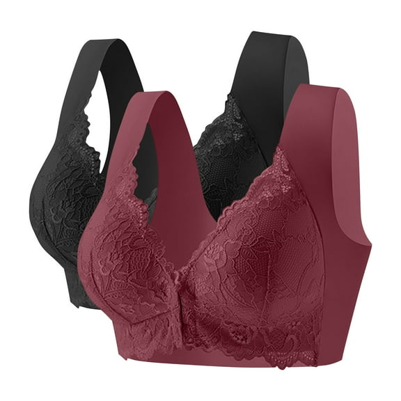 Hueook Sports Bras for Women High Support Women Lace Patchwork Bra Wireless Underwear Bra Everyday Underwear Wine 3X