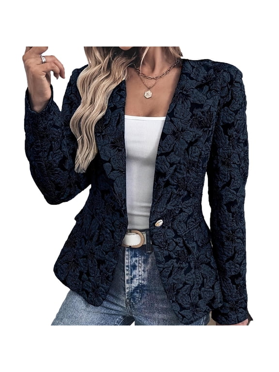 Spring Jackets Lightweight Women's Floral Print Tailored Blazer with Notch Lapel and Flap Pockets Blue XL