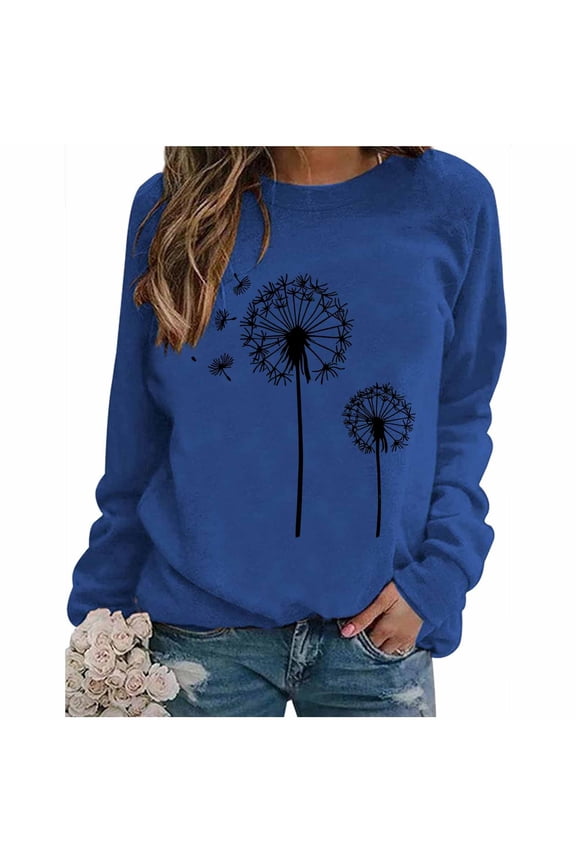 Hueook Spring Shirts for Women Camo Women's Fashion Casual Printed Round Neck Loose Long Sleeve Capless Sweatshirt Top Blue XL