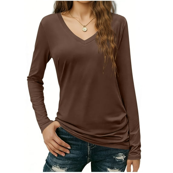 Hueook Spring Shirts for Women Tie Dye Women V-Neck Long Sleeve Slim Drape Hem Solid Color Casual Blouses T-Shirt Brown M