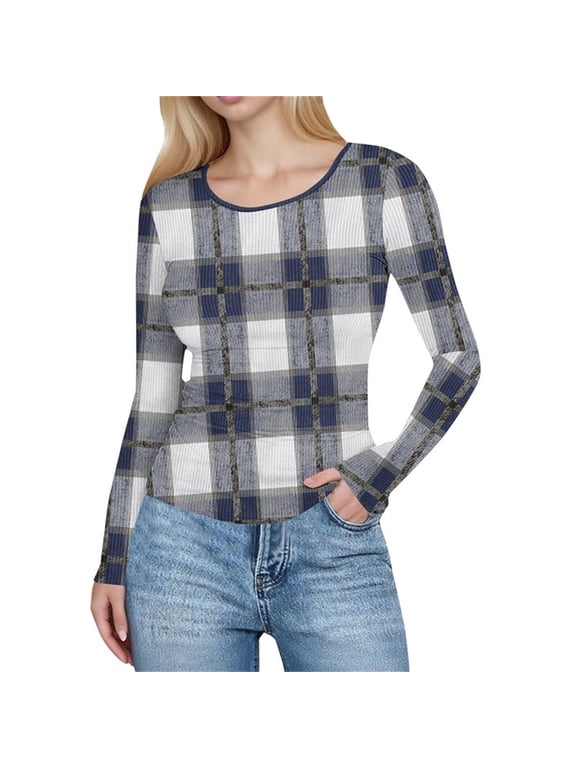 Spring Tops for Women Checkered Shirt Gingham Shirts Plaid Women's Casual Round Neck Long Sleeved Non Positioning Printing Slim Tight Fitting Pit Stripe Top Black XL