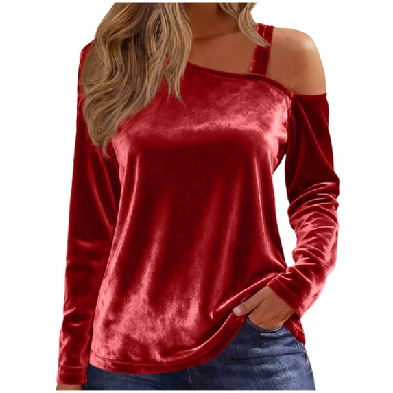 Hueook Spring Tops for Women 2026 Women's Velvet Casual Solid Color Spliced Off Shoulder Long Sleeve Tops Red 2X