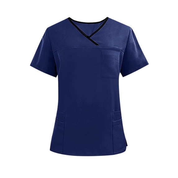 Hueook Srubs Tops for Women Healthcare Medical Scrub Top Men's V-neck Pocket Caregiver Short Sleeved Shirt Elastic Pants Nurse Uniform Top Dark Blue L