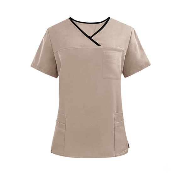 Hueook Srubs Tops for Women Healthcare Medical Scrub Top Men's V-neck Pocket Caregiver Short Sleeved Shirt Elastic Pants Nurse Uniform Top Khaki S