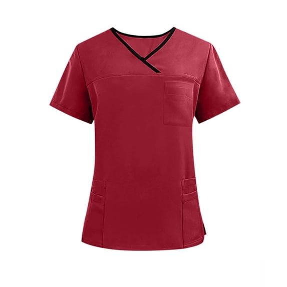 Hueook Srubs Tops for Women Healthcare Medical Scrub Top Men's V-neck Pocket Caregiver Short Sleeved Shirt Elastic Pants Nurse Uniform Top Red XL