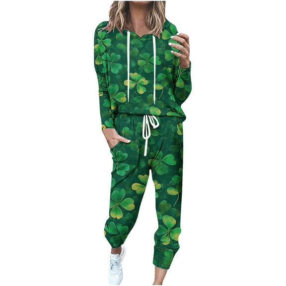Hueook St Patrick's Day Womens Sets 2 Piece Outfits Women's Hooded Drop-shoulder Sleeve Elastic Waist Drawstring Pockets Long Pants Set Green M