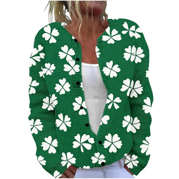Hueook St Patricks Day Cardigan Women's Casual St. Patrick's Day Print Knit Cardigan Button Up Coat Green L