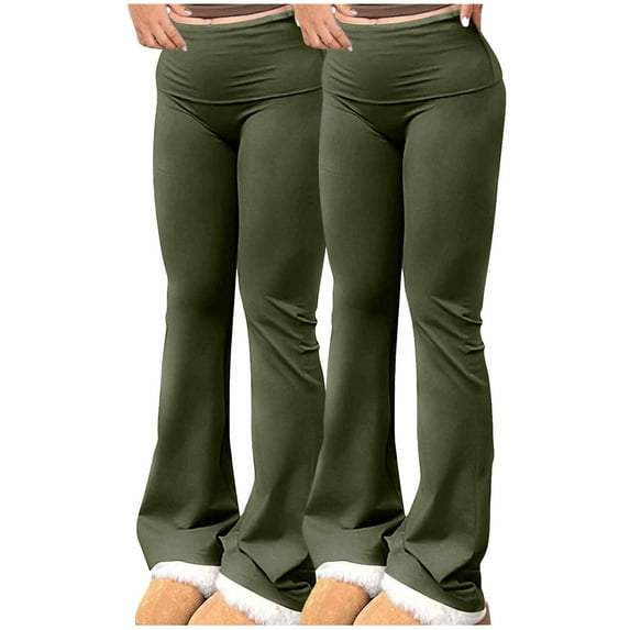 Hueook Stretch Control Workout Leggings 2PC Women Solid Color Elastic Waisted Sports Casual Pants Long Pants Army Green L