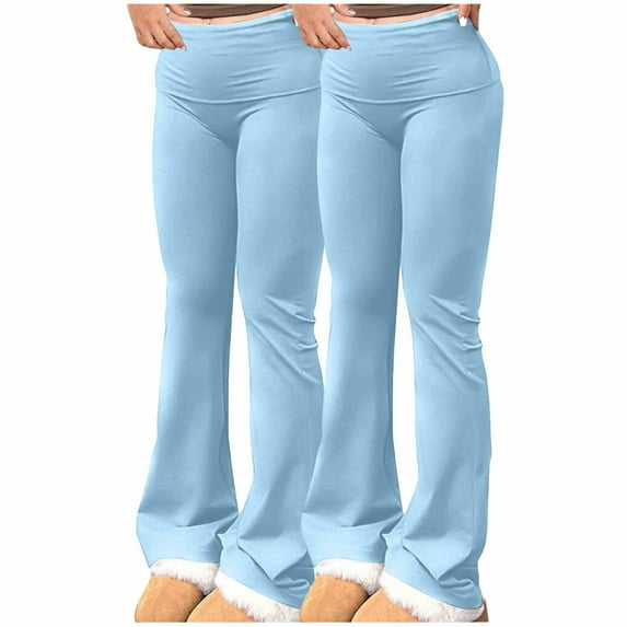Hueook Stretch Control Workout Leggings 2PC Women Solid Color Elastic Waisted Sports Casual Pants Long Pants Light Blue 2X