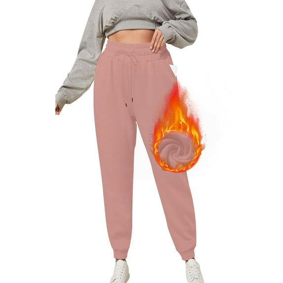 Hueook Leggings for Women Solid Color Plus Velvet Warm Ankle Drawstring with Pocket Elastic Leggings Jogging Sports Pants Pink XL