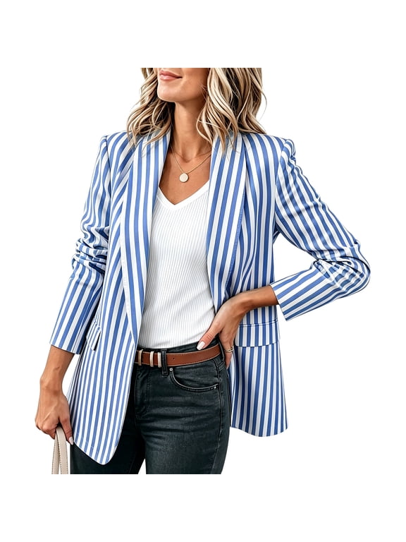 Strip Blazers for Women Dressy Casual Striped Blazer with Pockets Cardigan Jacket Blue L