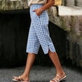 thumbnail image 1 of Hueook Strip Shorts Bermuda Shorts Plus Size Ladies Summer Casual and Linen Checkered Five Quarter Shorts with Pockets Light Blue M, 1 of 8