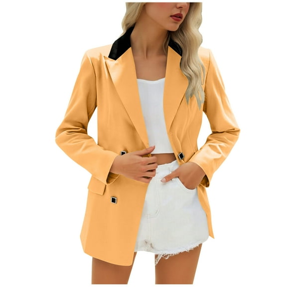 Hueook Suede Jacket Women Contrasting Long Sleeved Double Pocket Buttoned Turndown Collar Blazer Yellow XL