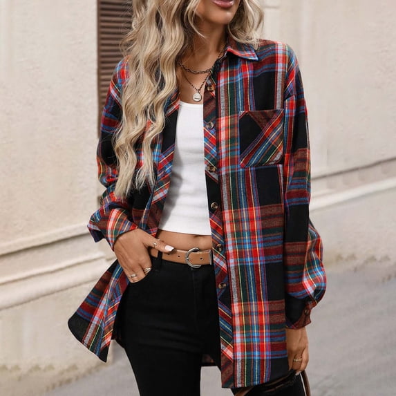 Hueook Suede Jacket Women Plaid Button with Pocket Basic Top Jacket Multicolor L