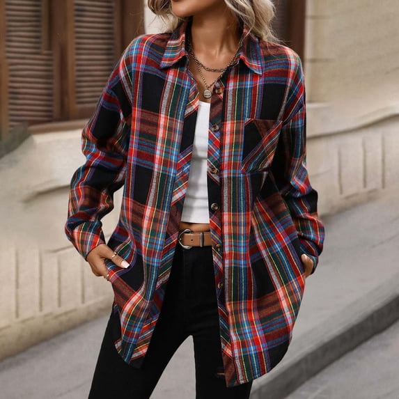 Hueook Suede Jacket Women Plaid Button with Pocket Basic Top Jacket Multicolor L