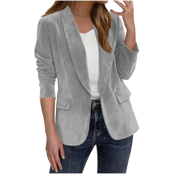 Hueook Suede Jacket Women Solid Color Casual Fashion Long-sleeved Cardigan Jacket Coat Top Gray L