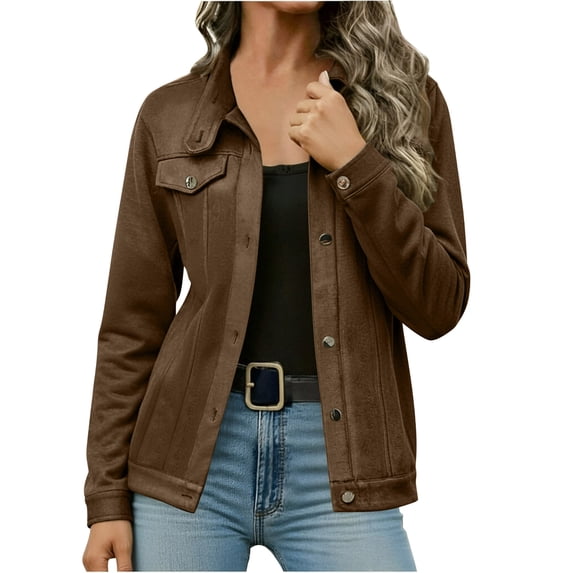 Hueook Suede Jacket Women Solid Color Fashion Jacket Leather Coat Deerskin Velvet Temperament Neck Short Coat Khaki S