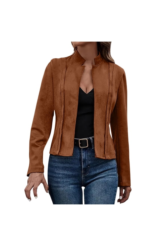 Suede Jacket Women Teddy Jacket Women Women's Casual Fashion Stand-up Collar Long Sleeve Solid Color Short Coat Brown M