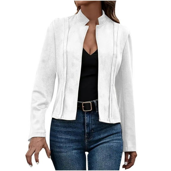 Hueook Suede Jacket Women Teddy Jacket Women Women's Casual Fashion Stand-up Collar Long Sleeve Solid Color Short Coat White 2X