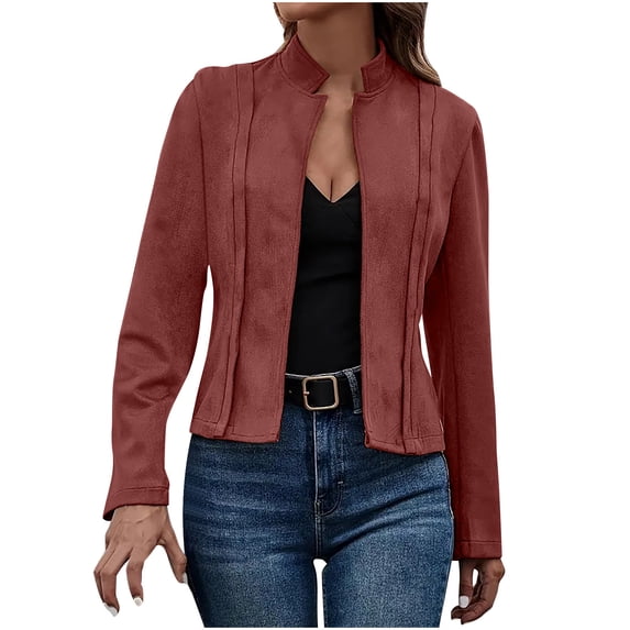 Hueook Suede Jacket Women Teddy Jacket Women Women's Casual Fashion Stand-up Collar Long Sleeve Solid Color Short Coat Wine S