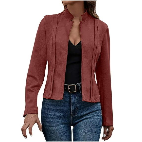 Hueook Suede Jacket Women Teddy Jacket Women Women's Casual Fashion Stand-up Collar Long Sleeve Solid Color Short Coat Wine XL