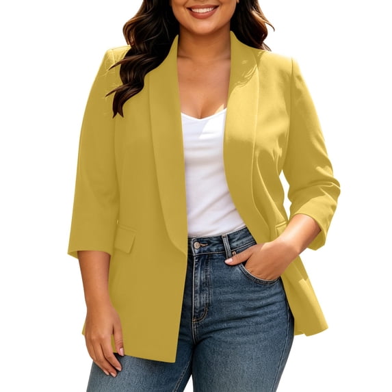Hueook Suit Jacket for Women Office Plus Size Open-front Lapel Three-quarter Sleeve with Padded Shoulder Straps Casual Office Yellow XL