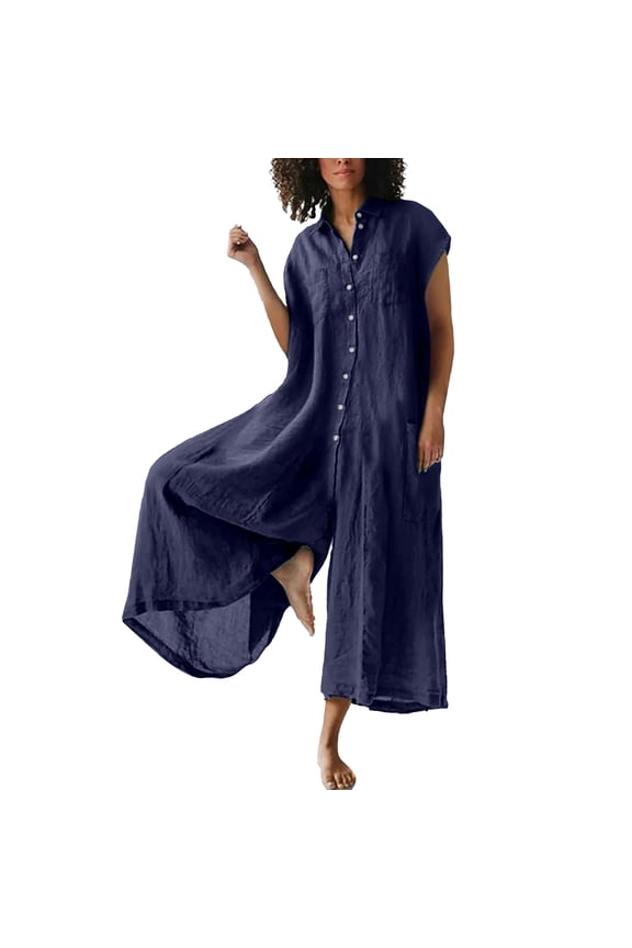 Summer Flowy Jumpsuits Lazy Rompers for Women Wide Leg Jumpsuit Women's Solid Color Casual Short Sleeved Medium Length Cotton Linen Shirt Jumpsuit Dark Blue S