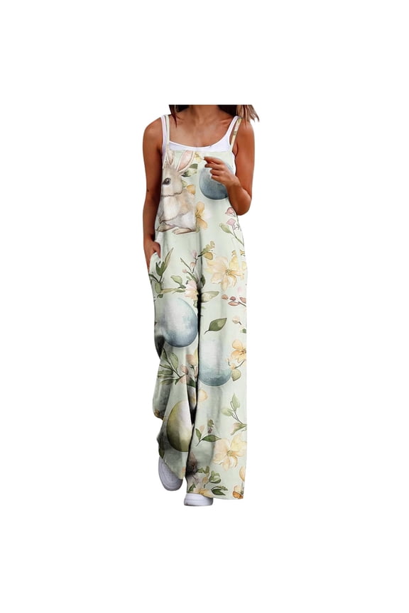 Summer Jumpsuits for Women Dressy Rampers Casual Beach Outfits Loose Fit Women Fashion Casual Loose Printed Pockets Sleeveless Back Strap Jumpsuit Multicolor XL