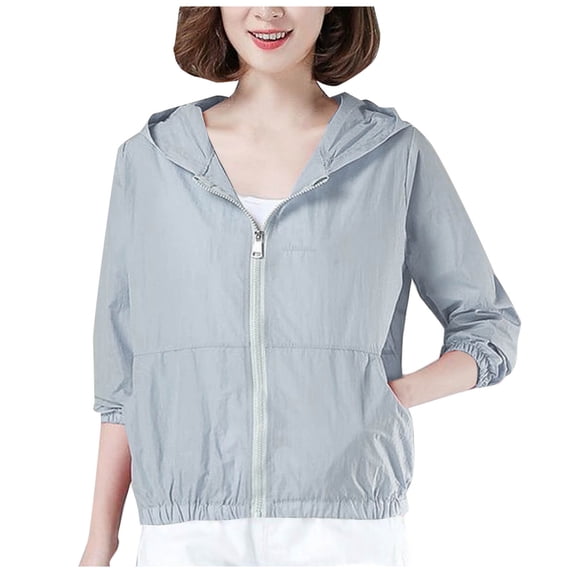 Hueook Summer Lightweight Jacket Sunscreen Fashion Women's Summer Casual Solid Color Loose Long Sleeve Hooded Casual Outwear Tops Gray 4X