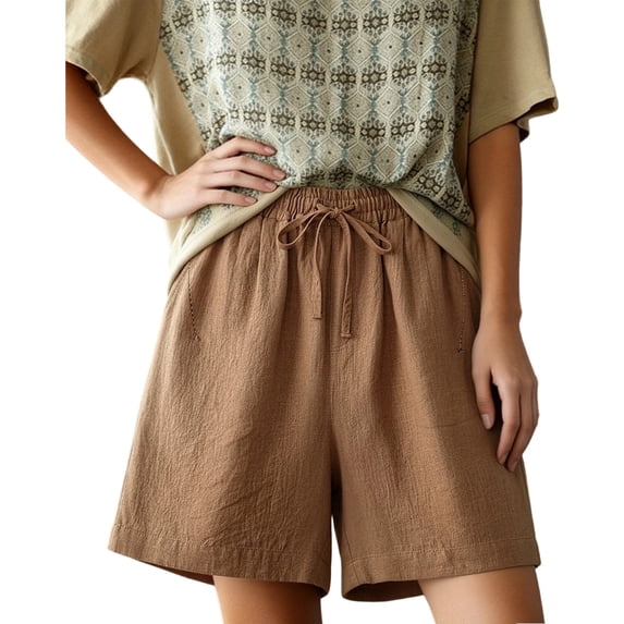 Hueook Summer Linen Cotton Shorts Baggy Shorts Women Loose Shorts Women's Summer Casual Wide-Leg Loose-Fitting Cargo Shorts Khaki 2X