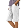 thumbnail image 1 of Hueook Summer Linen Shorts Golf Shorts Women's Summer Linen Solid Color Drawstring Elastic Waist Loose Straight Tube Side Lace Lock Pocket Women's Shorts White S, 1 of 9