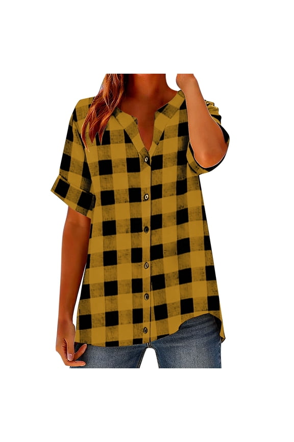 Summer Plaid Flannel Shirt Flowy Tops Loose Checkered Women Loose Casual Checkered Linen Short Sleeved Tops Button-up Shirt Yellow XL