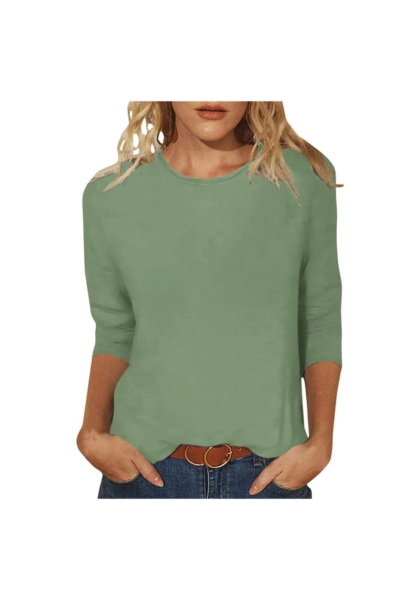Summer Short Sleeve Crop Tops for Women Fashion Printed T-shirt 3/4 Sleeves Blouse Round Neck Casual Army Green S
