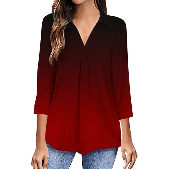 Hueook Summer Spring Shirts for Women Workout Tops Fashion Woman V Neck Three Quarter 3/4Sleeve T Shirt Printing Blouse Tops Sweatshirt Red L