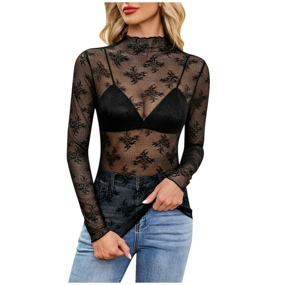 Hueook Summer Tee Shirts Womens Women's Fashion Solid Color Round-Neck Long Sleeve Round-Neck Netting Blouses Black M
