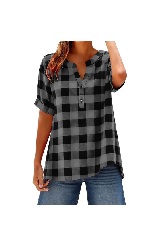 Summer Tops For Women Flannel Shirt Women Loose Casual Checkered Linen Short Sleeved Tops Button-up Shirt Gray L