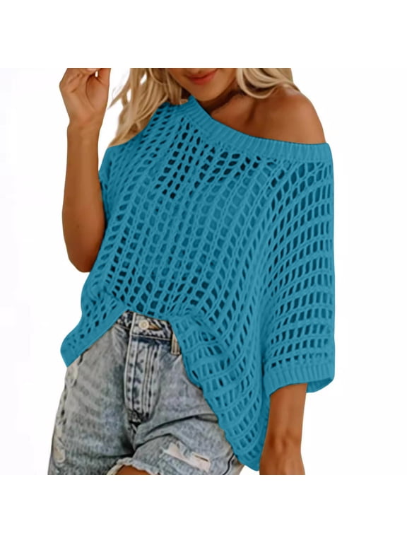 Summer Tops for Women Casual Off The Shoulder Tops Crochet Tops Eyelet Embroidery Blouse Women's Summer Five-sleeved Cut-out Pullover Beach Sweater Knitted Woolen Blouse Sky Blue M