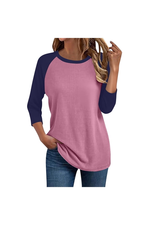 Summer Tops for Women 2026 Collared Women's Round Neck 3/4 Sleeve Raglan Sleeve Color Blocked T-shirt Top Watermelon Red XL
