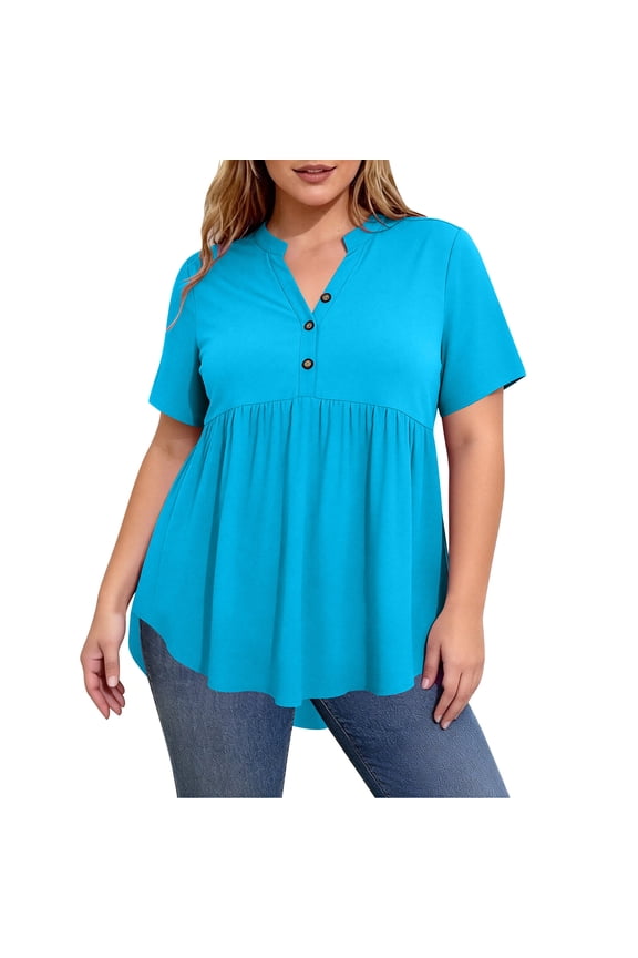 Summer Tops for Women 2026 Tunic Blouse Peplum Tops Womens Plus Size Casual Button-Up Top Blue 2X