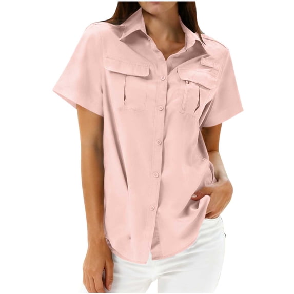 Hueook Summer Womens Button Down Shirt Women's Solid Color Zippered Pockets Blouses Short Sleeve Button-Up Turndown Collar Casual Fashionable Top Pink L