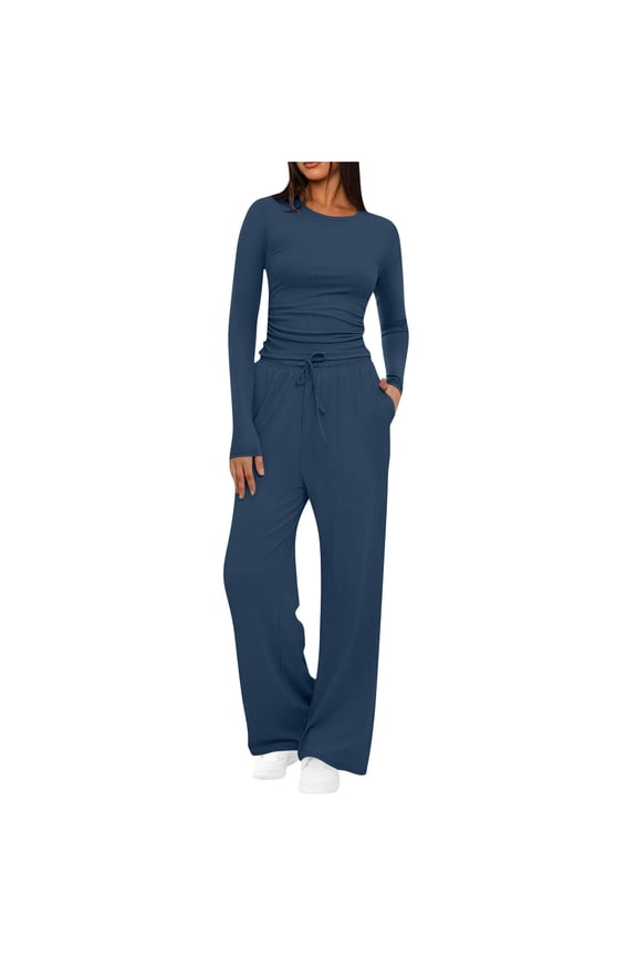 Sweat Suits For Womens 2 Piece Fashion Woman Round Neck Solid Ruched Long Sleeve Blouse +Long Pants Elastic Waist Sets Navy 2X