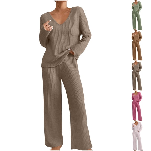 Hueook Sweat Suits For Womens 2 Piece Women's Fashion Solid Knitted Round Neck Long Sleeve Casual Pants Set Purple 2X