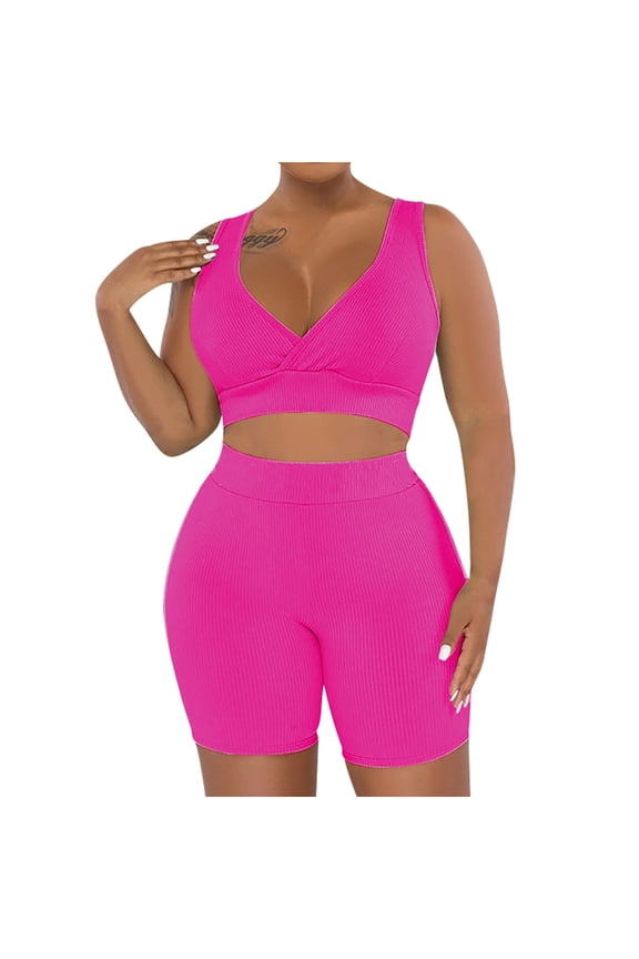 Sweat Suits For Womens 2 Piece Women's Fashion Two-piece Solid Color V-Neck Tank And Short Sports Casual Suit Hot Pink L