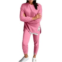 Hueook Sweat Suits for Womens 2 Piece Fashion Women Pocket V-Neck Casual Long Sleeve Sweatshirt Pant Set Pink L