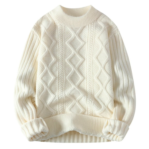 Hueook Sweater Men's Casual Long Sleeve Pullover Solid Round-Neck Kink Warm Sweater Knitwear Top Coat White 3X