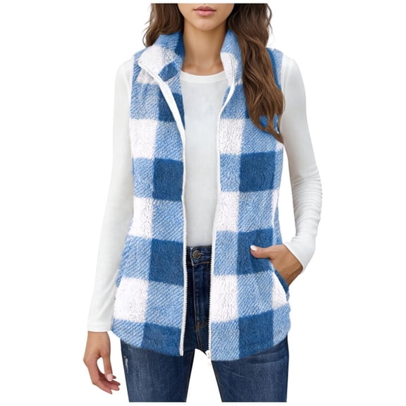 Hueook Sweater Vest Women Fashion Casual Women's Sleeveless Zippered Pocket Jacket Standing Collar Tops Blouse Blue L